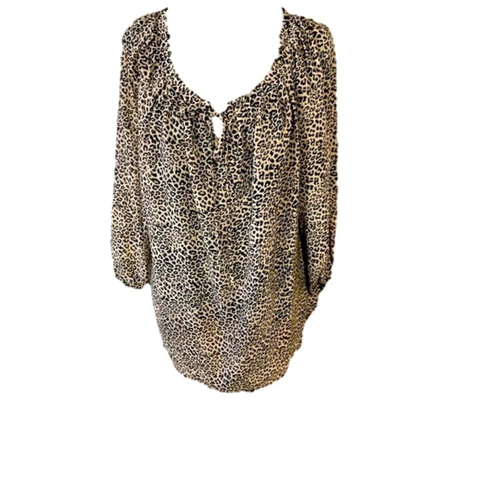 Leopard Print Keyhole Neck Tie 3/4 Sleeve Blouse Size XL